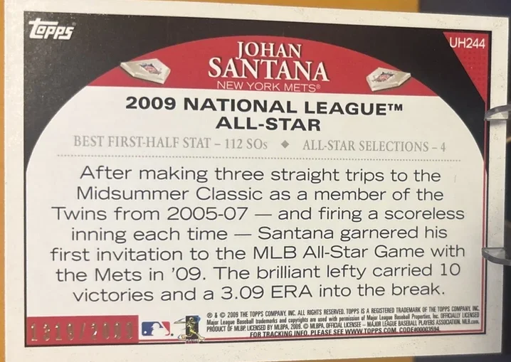 Topps Panini Card Tarjeta Cromo Barajita Johan Santana Topps 2009 Update All Stars & Highlights Paralela Gold Numerada De 2009