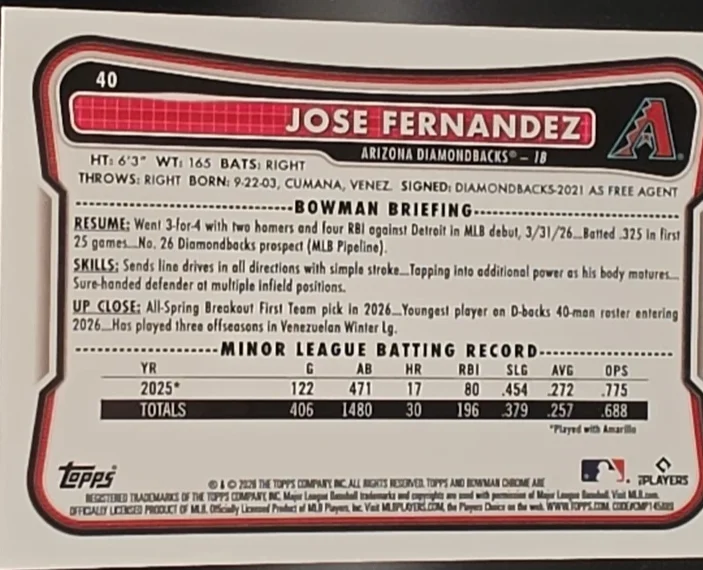 Topps Panini Card Tarjeta Cromo Barajita Jose Fernandez Bowman Chrome 2026 Rookie Card RC #40 Arizona Diamondbacks