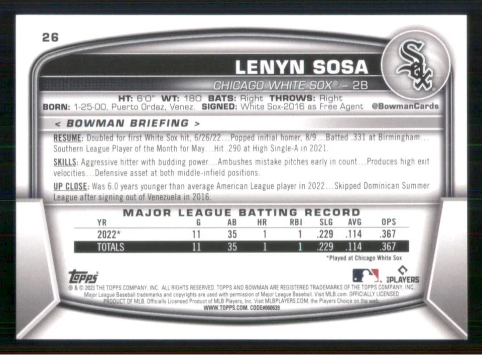 Topps Panini Card Tarjeta Cromo Barajita Lenyn Sosa Bowman 2023 Rookie Card RC