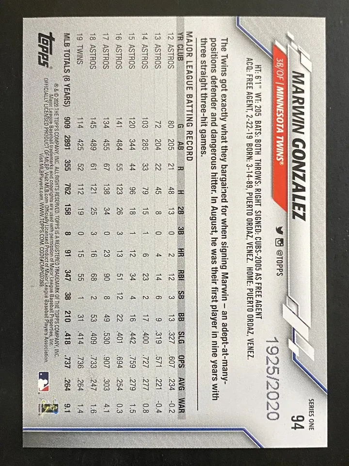 Topps Panini Card Tarjeta Cromo Barajita Marwin Gonzalez Topps 2020 Paralela Gold Numerada De /2020
