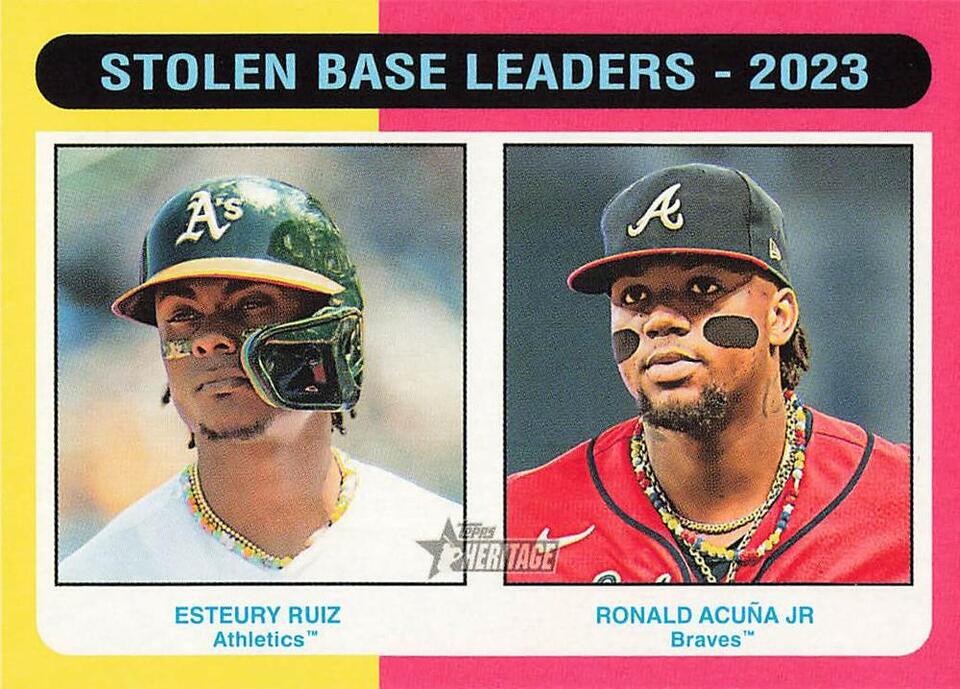 Topps Panini Card Tarjeta Cromo Barajita Ronald Acuña Jr / Esteury Ruiz Topps Heritage ´2024 LIDERES EN BASES ROBADAS