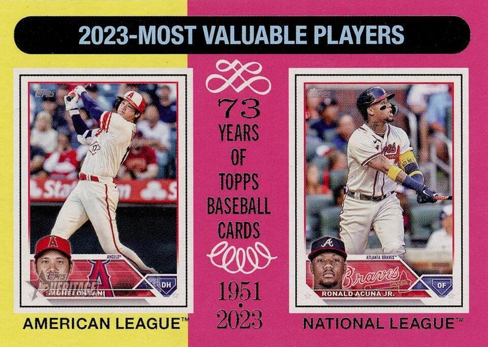 Topps Panini Card Tarjeta Cromo Barajita Ronald Acuña Jr. / Shohei Ohtani MVP Topps Heritage 2024 Los MVPs del 2024 - Acuña 40/70