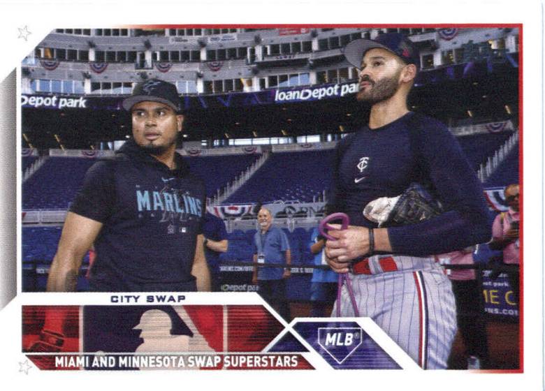 Topps Panini Card Tarjeta Cromo Barajita Luis Arraez / Pablo Lopez Topps Update 2023 swap combo (alegorico al envio de arraez a miami y lopez a minnessota)
