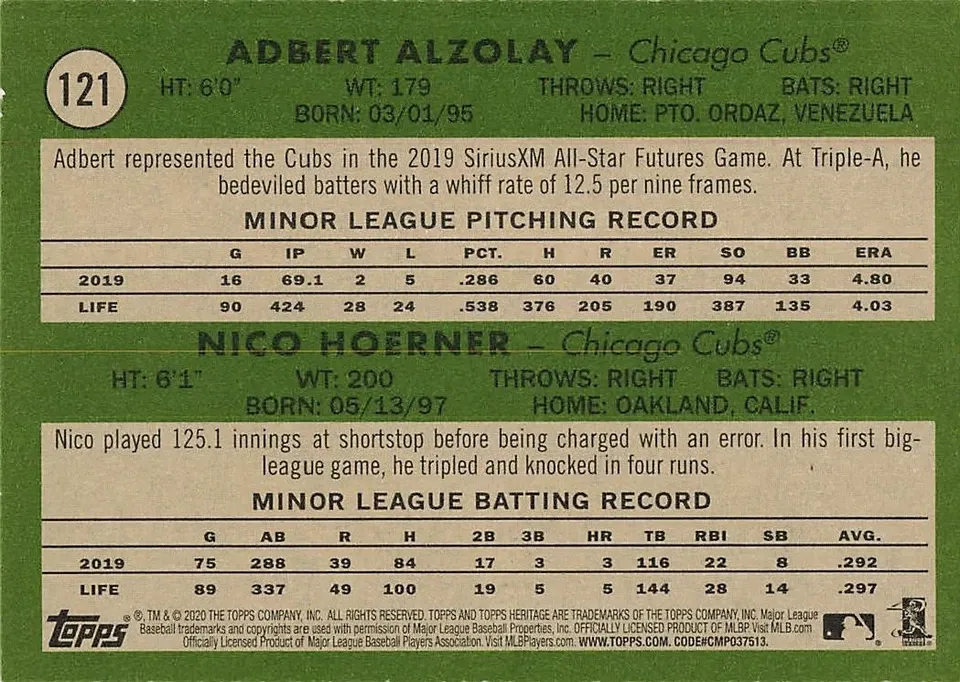 Topps Panini Card Tarjeta Cromo Barajita Adbert Alzolay / Nico Hoerner Topps 2020 Rookie Card RC Heritage Rookie Stars Cubs
