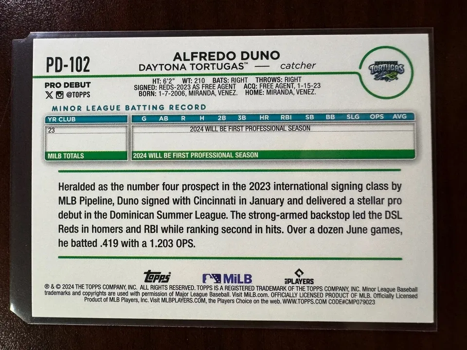 Topps Panini Card Tarjeta Cromo Barajita Alfredo Duno Topps 2024 Pre Rookiecard RC Pro Debut Liga Menor Tortugas