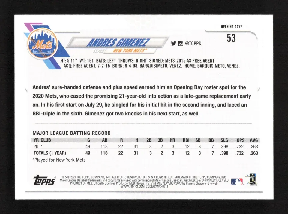 Topps Panini Card Tarjeta Cromo Barajita Andres Gimenez Topps 2021 Paralela Rookie Card RC Opening Day
