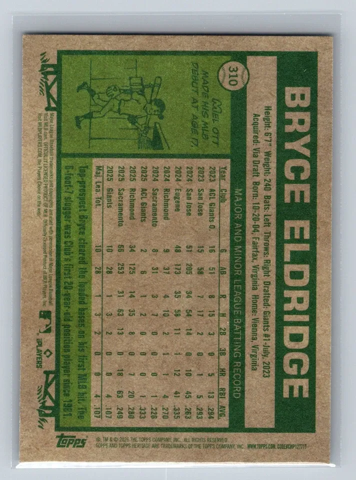 Topps Panini Card Tarjeta Cromo Barajita Bryce Eldridge Topps 2026 Rookie Card RC Heritage