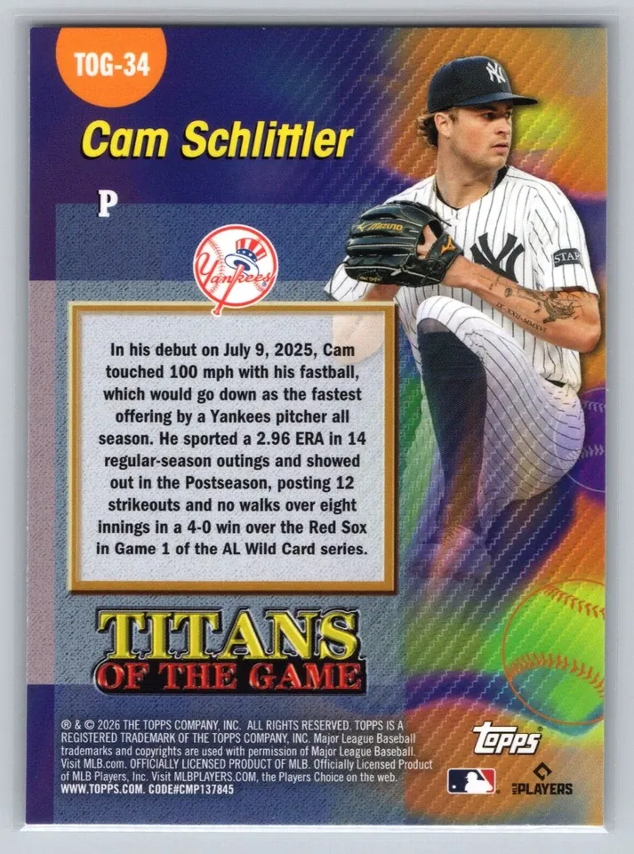 Topps Panini Card Tarjeta Cromo Barajita Cam Schlittler Topps 2026 Rookie Card RC Titans Of The Game