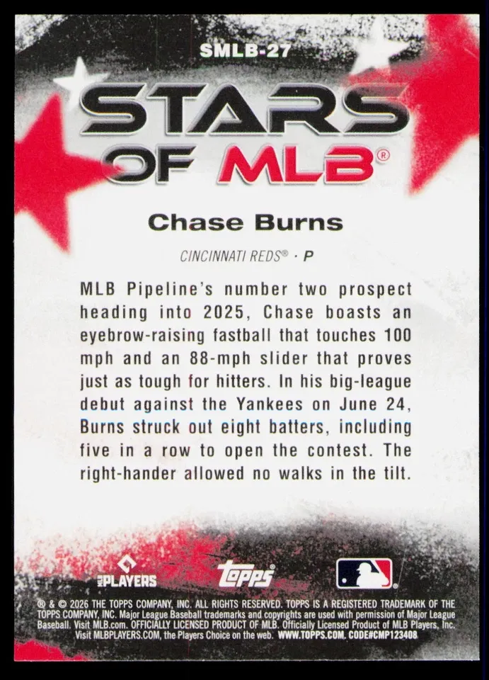 Topps Panini Card Tarjeta Cromo Barajita Chase Burns Topps 2026 Rookie Card RC Stars Of Mlb