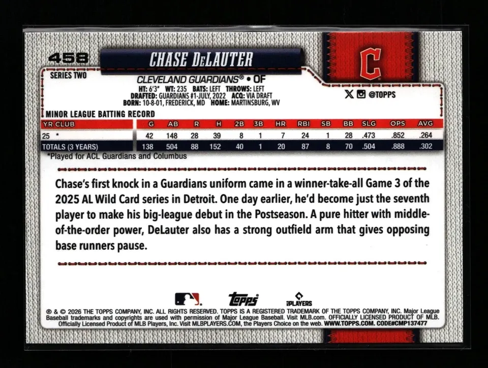 Topps Panini Card Tarjeta Cromo Barajita Chase Delauter Topps 2026 Series Rookie Card RC