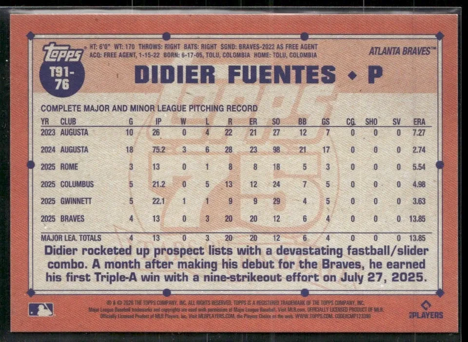 Topps Panini Card Tarjeta Cromo Barajita Didier Fuentes Topps 2026 Rookie Card RC 1991 35th Anniversary