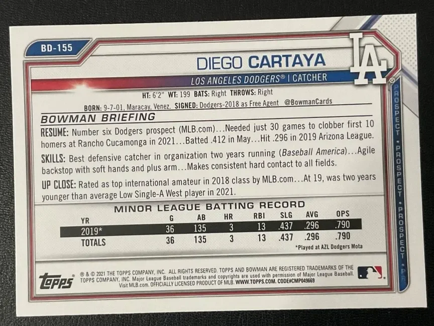 Topps Panini Card Tarjeta Cromo Barajita Diego Cartaya Bowman 2021 Draft Pre Rookiecard RC