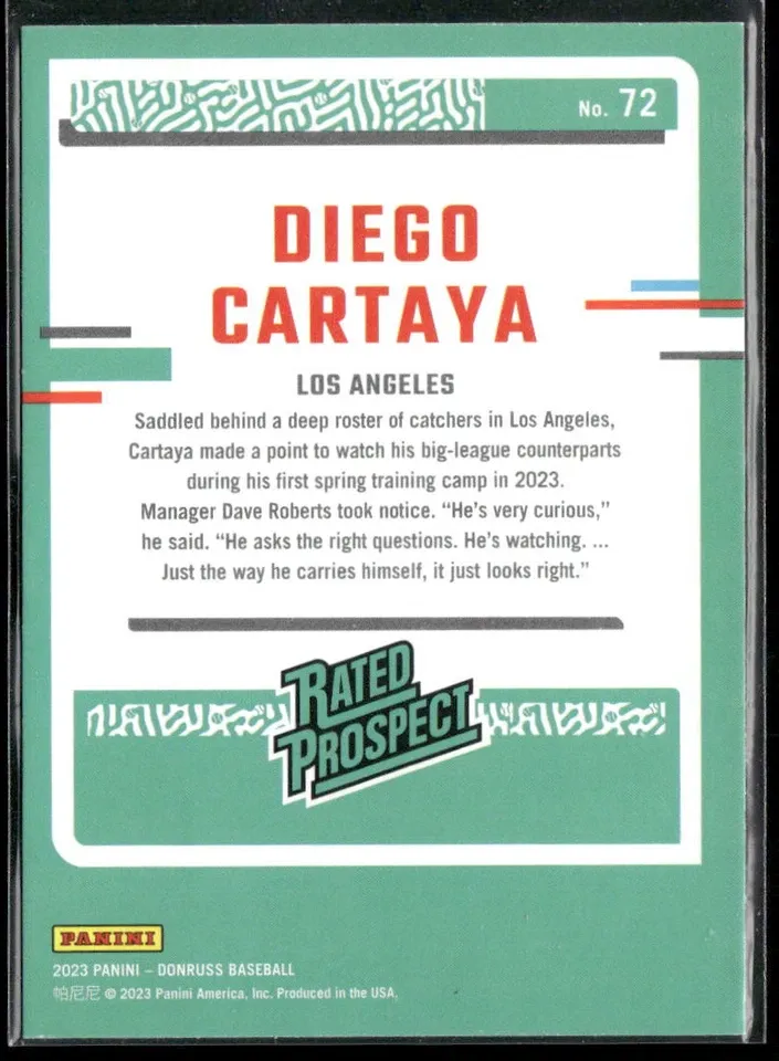 Topps Panini Card Tarjeta Cromo Barajita Diego Cartaya Panini 2023 Donruss Rated Prospect Pre Rookie Card