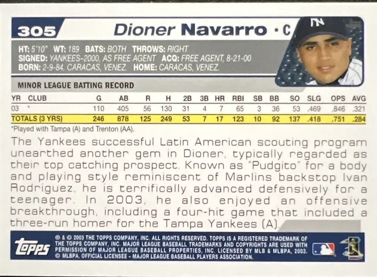 Topps Panini Card Tarjeta Cromo Barajita Dioner Navarro Topps 2004 Rookie Card RC First Year