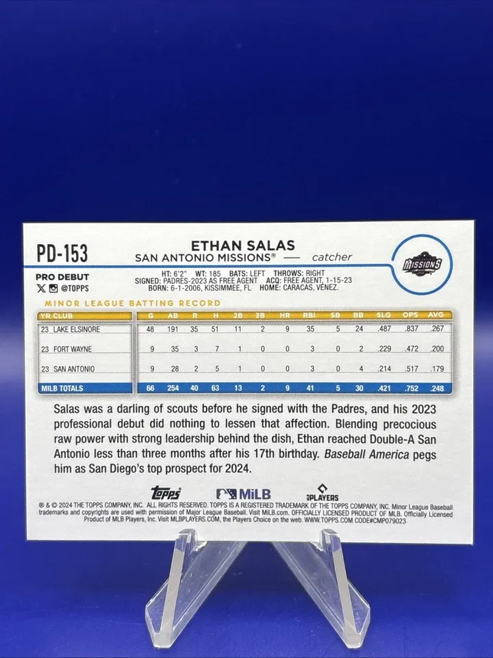 Topps Panini Card Tarjeta Cromo Barajita Ethan Salas Topps 2024 Pro Debut Liga Menor Pre Rookie Card RC San Antonio Missions