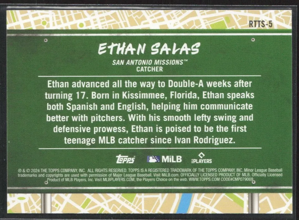 Topps Panini Card Tarjeta Cromo Barajita Ethan Salas Topps 2024 Pro Debut Road To The Show Liga Menor Pre Rookie Card RC San Antonio Missions