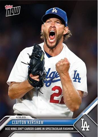Topps Panini Card Tarjeta Cromo Barajita Clayton Kershaw Topps Now 2023 (futuro Salon Fama) ultimo lanzador en la historia en llegar a 200 victorias