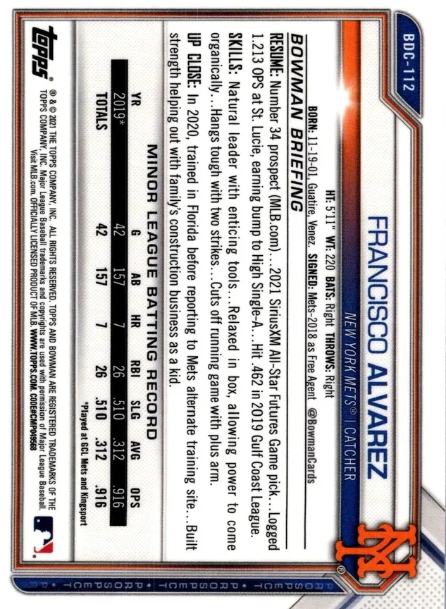 Topps Panini Card Tarjeta Cromo Barajita Francisco Alvarez 2021 Bowman Chrome Draft Pre Rookiecard RC