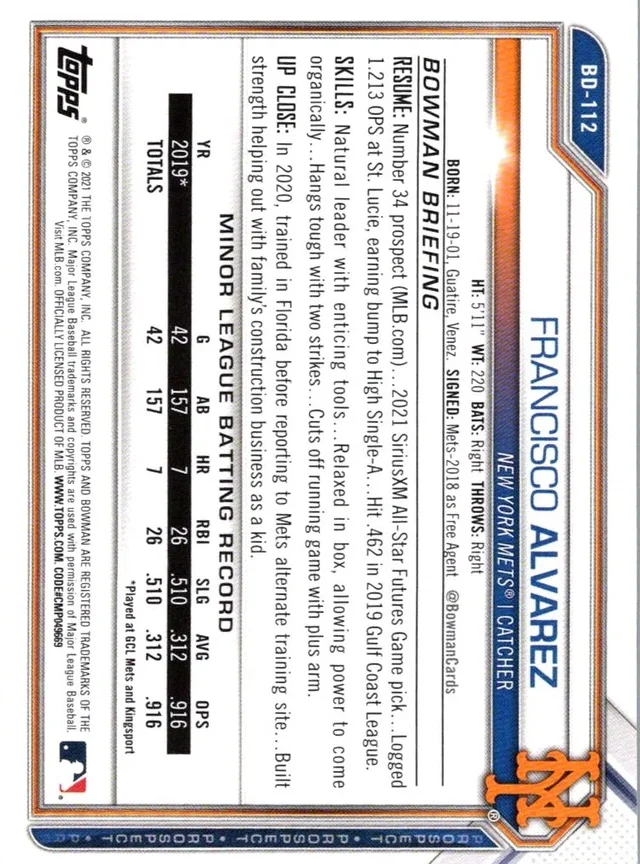 Topps Panini Card Tarjeta Cromo Barajita Francisco Alvarez 2021 Bowman Draft Pre Rookiecard RC