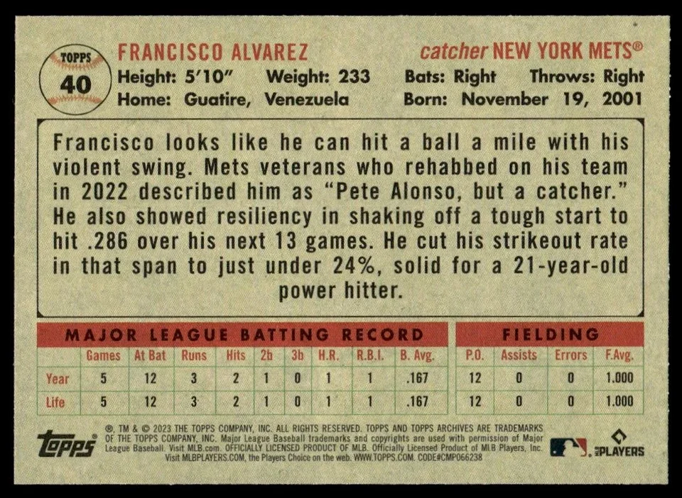 Topps Panini Card Tarjeta Cromo Barajita Francisco Alvarez 2023 Topps Archives Rookie Card RC
