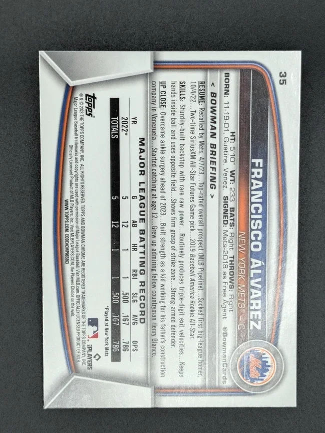 Topps Panini Card Tarjeta Cromo Barajita Francisco Alvarez Bowman Chrome 2023 Rookie Card RC
