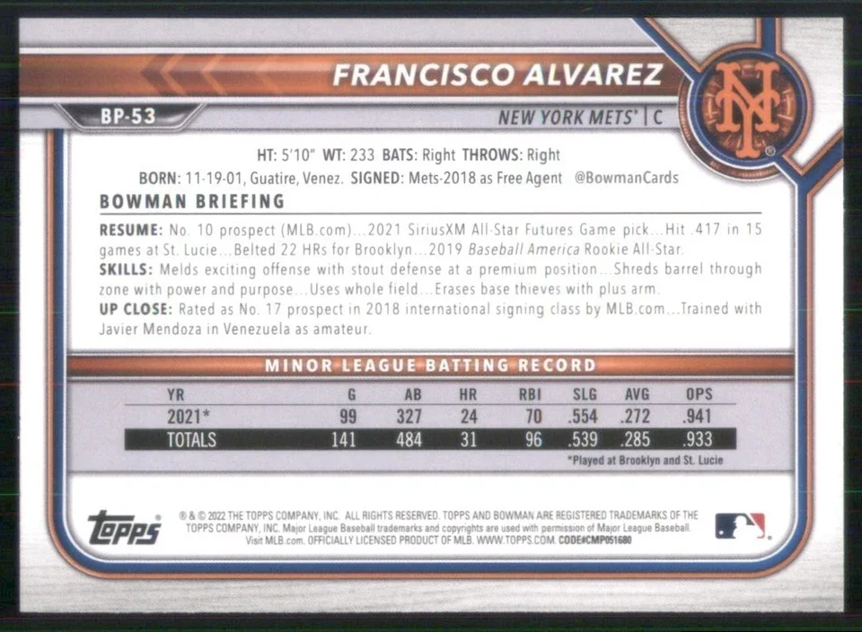 Topps Panini Card Tarjeta Cromo Barajita Francisco Alvarez Pre Rookiecard RC Bowman Prospects 2022
