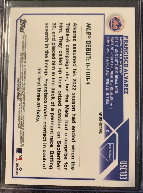 Topps Panini Card Tarjeta Cromo Barajita Francisco Alvarez Topps Chrome 2023 Rookie Card RC