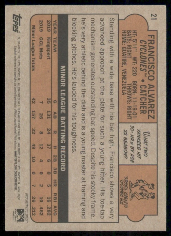 Topps Panini Card Tarjeta Cromo Barajita Francisco Alvarez Topps Heritage Minor League 2021 Team Brooklyn Cyclones Liga Menor Pre Rookie Card RC
