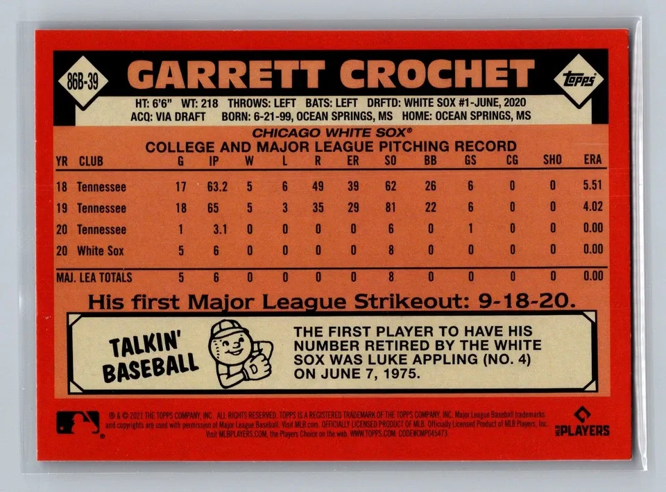 Topps Panini Card Tarjeta Cromo Barajita Garrett Crochet Topps 2021 Rookie Card RC 1986 Baseball 35th Anniversary