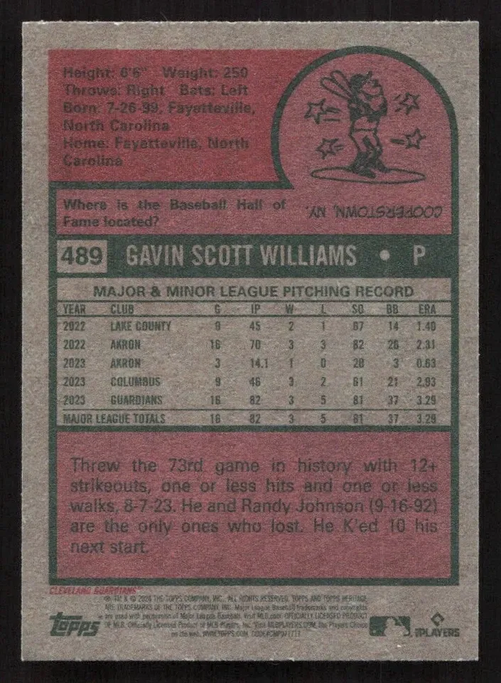 Topps Panini Card Tarjeta Cromo Barajita Gavin Williams Topps 2024 Rookie Card RC Heritage