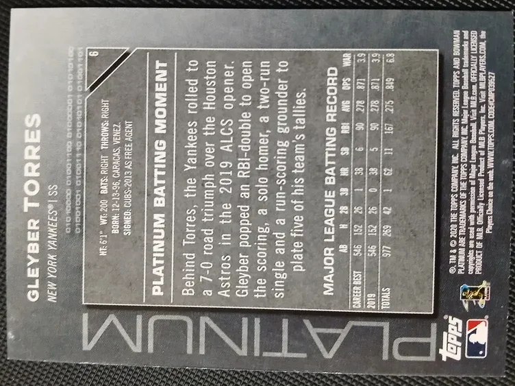 Topps Panini Card Tarjeta Cromo Barajita Gleyber Torres Bowman 2020 Platinum