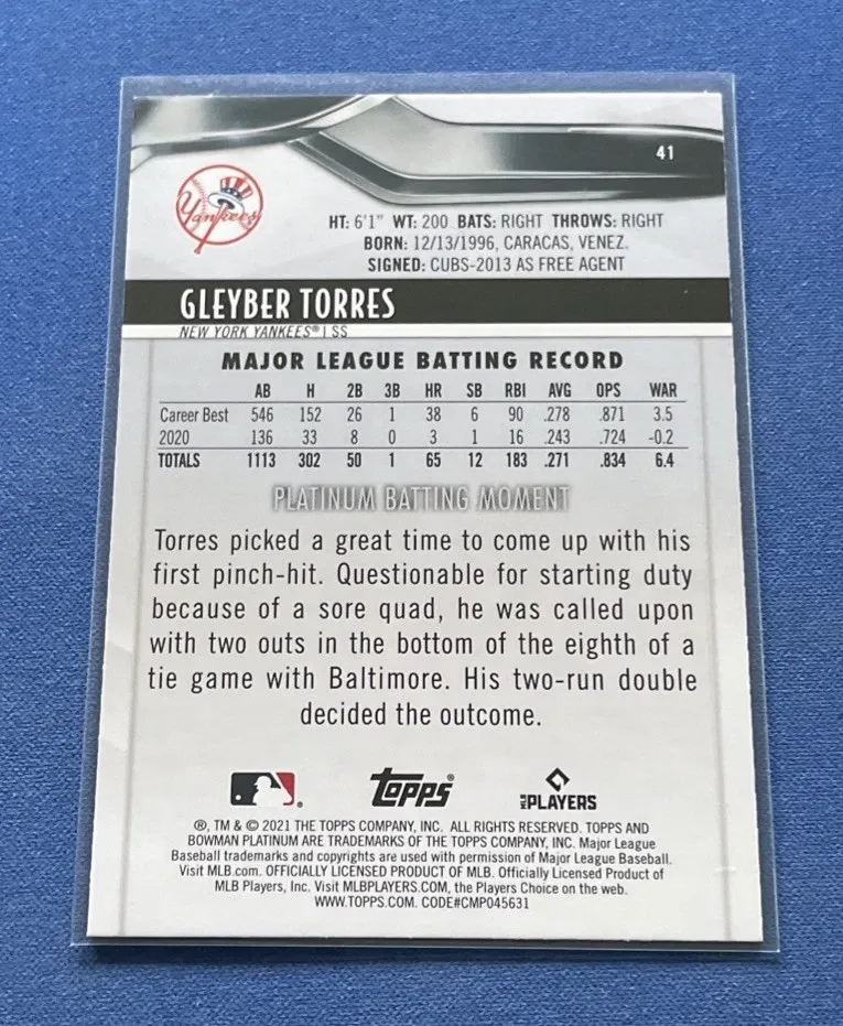 Topps Panini Card Tarjeta Cromo Barajita Gleyber Torres Bowman 2021 Platinum