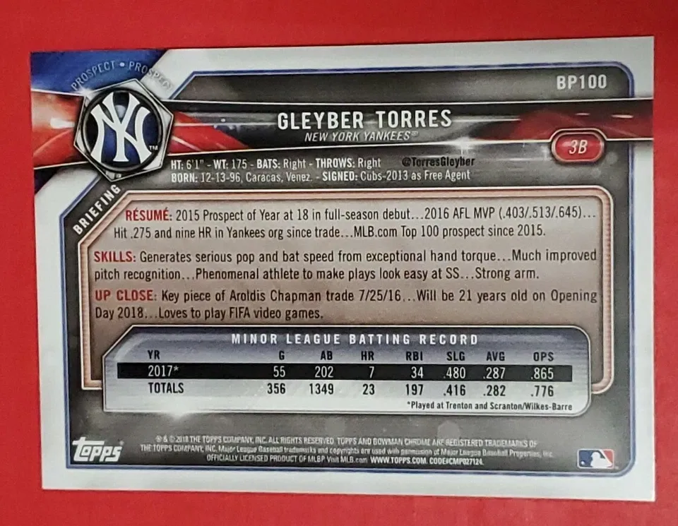 Topps Panini Card Tarjeta Cromo Barajita Gleyber Torres Prospects Rookie Bowman 2018 Rookie Card RC