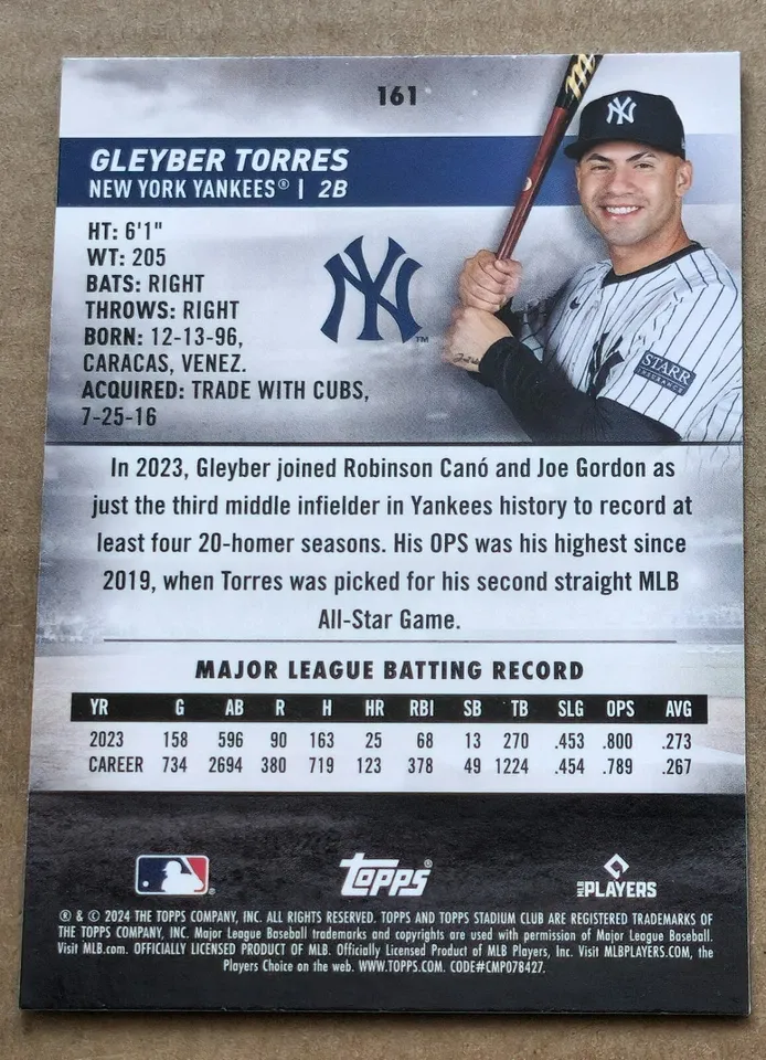 Topps Panini Card Tarjeta Cromo Barajita Gleyber Torres Topps 2024 Stadium Club