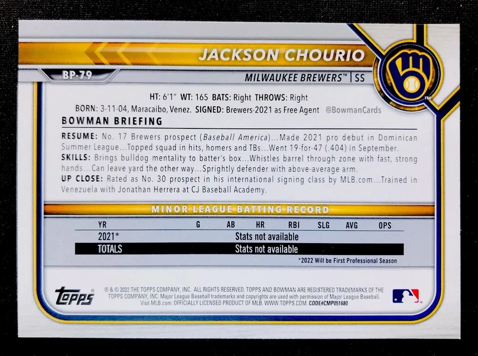 Topps Panini Card Tarjeta Cromo Barajita Jackson Chourio Bowman 2022 1st Bowman Pre Rookiecard RC