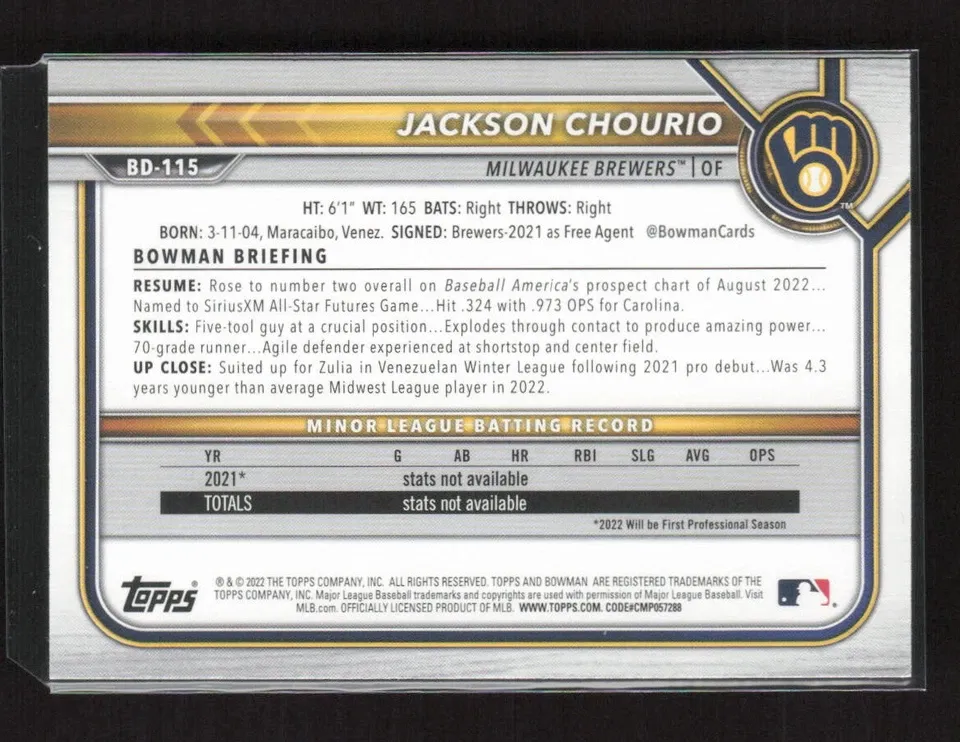 Topps Panini Card Tarjeta Cromo Barajita Jackson Chourio Bowman 2022 Draft Pre Rookiecard RC