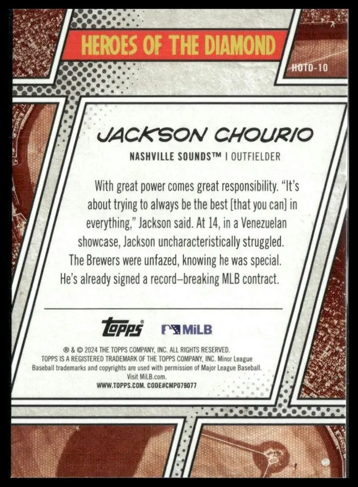 Topps Panini Card Tarjeta Cromo Barajita Jackson Chourio Topps 2024 Pre Rookiecard RC Pro Debut Heroes Of The Diamond