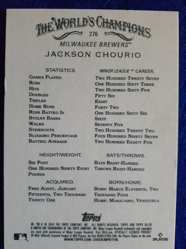 Topps Panini Card Tarjeta Cromo Barajita Jackson Chourio Topps 2024 Rookie Card RC Allen &amp; Ginter