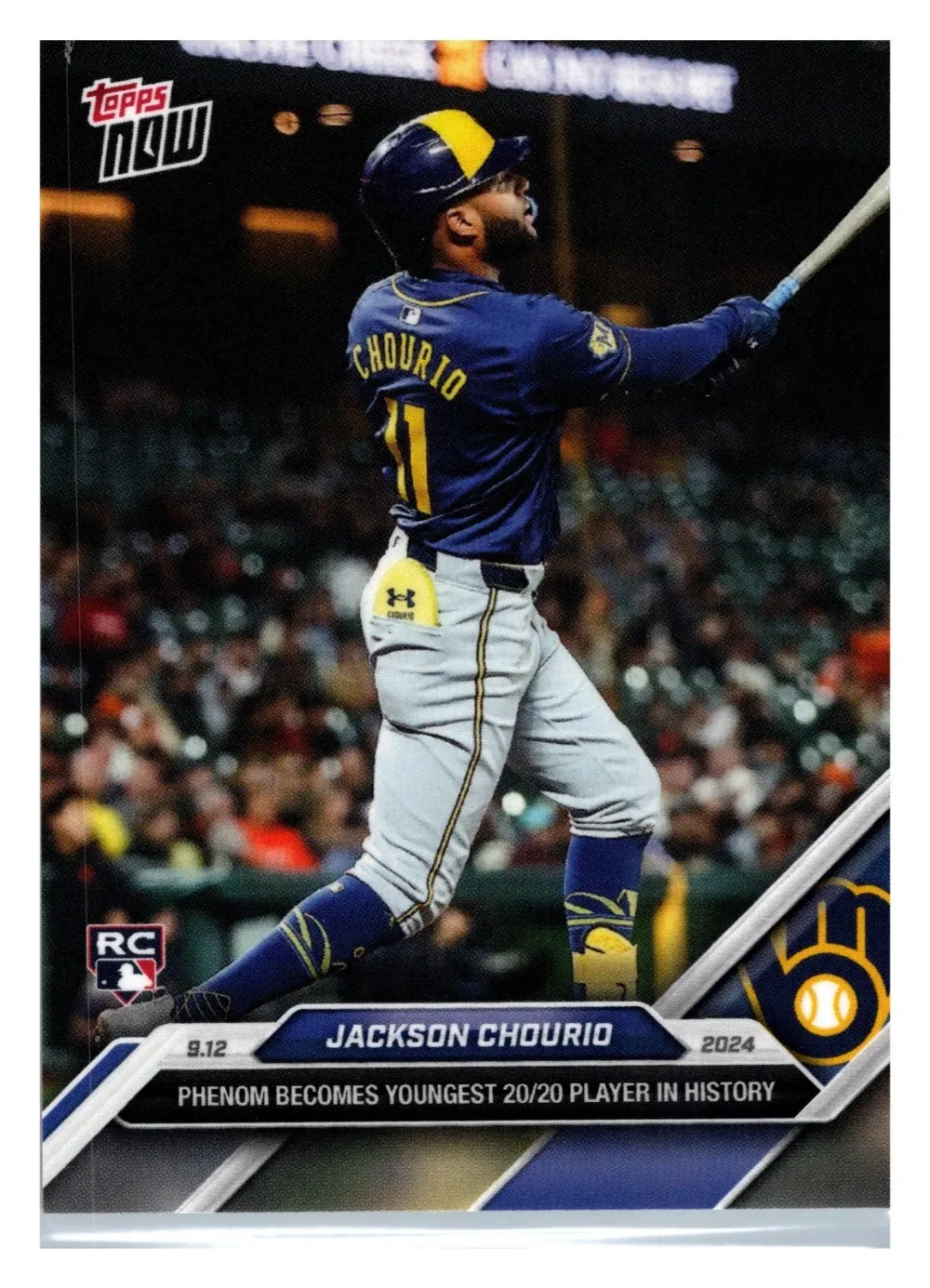Topps Panini Card Tarjeta Cromo Barajita Jackson Chourio Topps 2024 Rookie Card RC Now - El Jugador Mas Joven En Tener Un 20/20 En Una Temporada