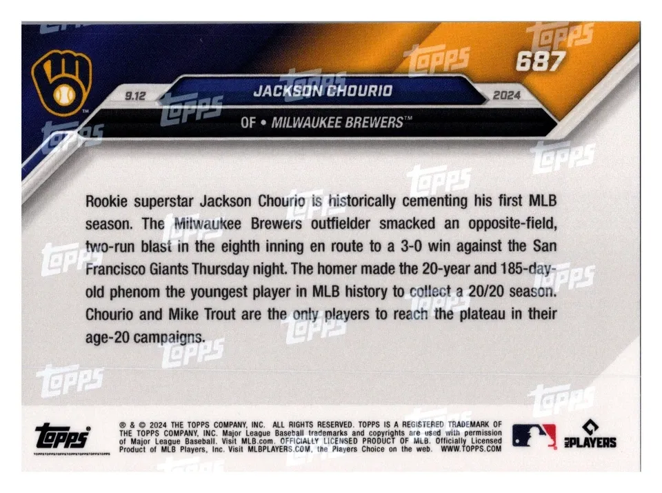 Topps Panini Card Tarjeta Cromo Barajita Jackson Chourio Topps 2024 Rookie Card RC Now - El Jugador Mas Joven En Tener Un 20/20 En Una Temporada