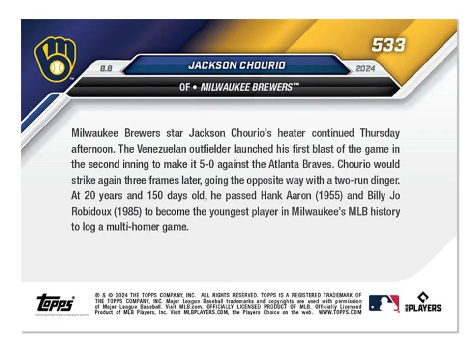Topps Panini Card Tarjeta Cromo Barajita Jackson Chourio Topps 2024 Rookie Card RC Now - El Jugador Mas Joven En Tener Un Juego Multi Jonrón