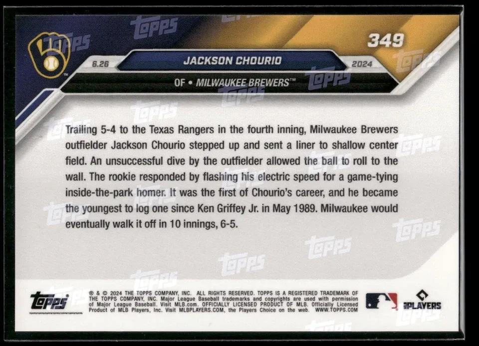 Topps Panini Card Tarjeta Cromo Barajita Jackson Chourio Topps 2024 Rookie Card RC Now - El Más Joven En Dar Un Jonrón Dentro Del Parque Desde Ken Griffey Jr.