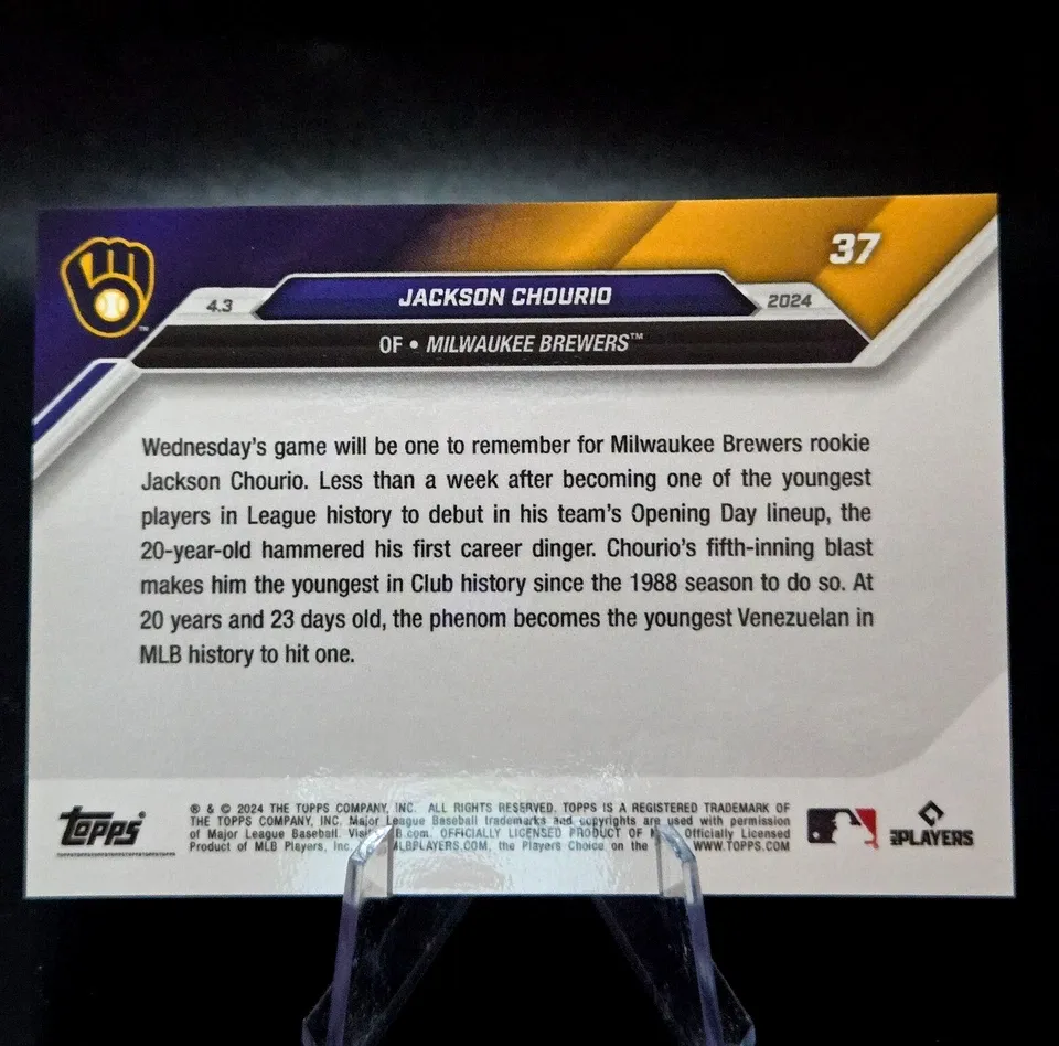 Topps Panini Card Tarjeta Cromo Barajita Jackson Chourio Topps 2024 Rookie Card RC Now - Primer Jonron En La Carrera De Este Top Prospecto.
