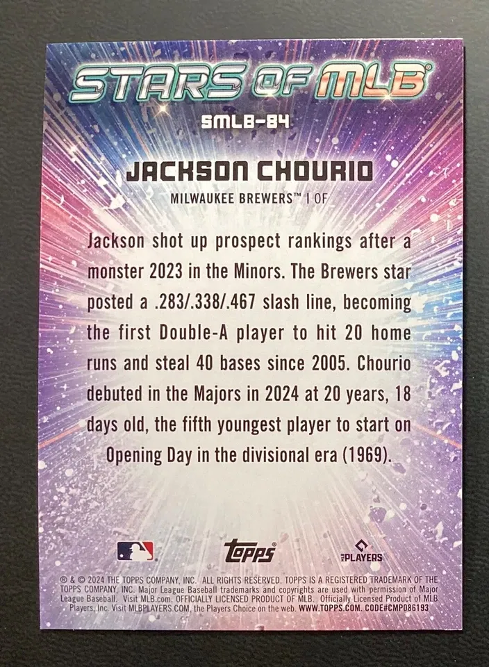 Topps Panini Card Tarjeta Cromo Barajita Jackson Chourio Topps 2024 Series Rookie Card RC Stars Of Mlb