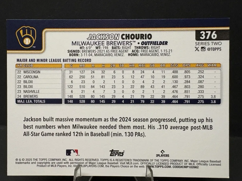 Topps Panini Card Tarjeta Cromo Barajita Jackson Chourio Topps 2025 Series 2 All-star Rookie Gold Cup