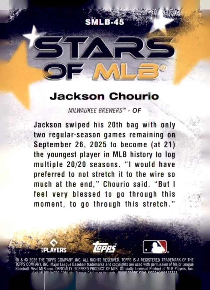 Topps Panini Card Tarjeta Cromo Barajita Jackson Chourio Topps 2026 Stars Of Mlb