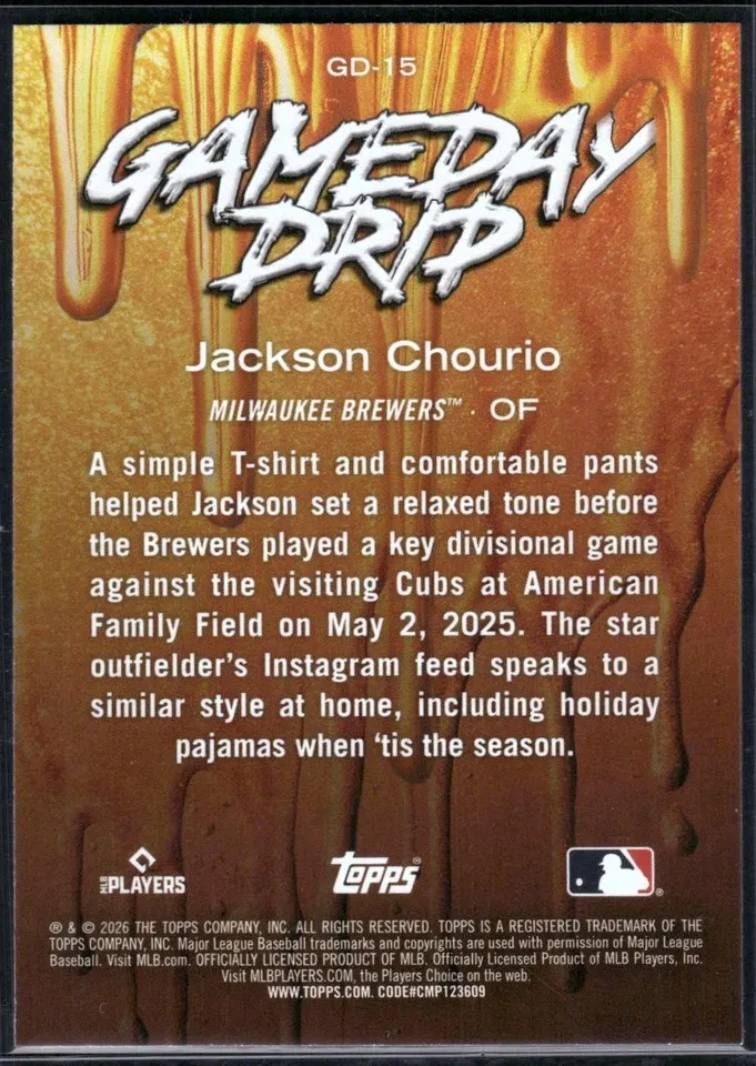 Topps Panini Card Tarjeta Cromo Barajita Jackson Chourio Topps Series 2026 Game Drip Day
