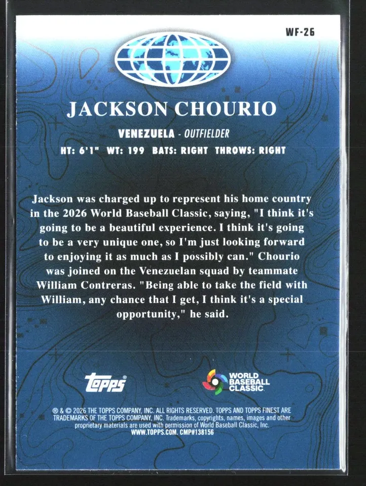 Topps Panini Card Tarjeta Cromo Barajita Jackson Chourio Topps Worlds Finest *"lo mejor del clasico mundial de beisbol"*.