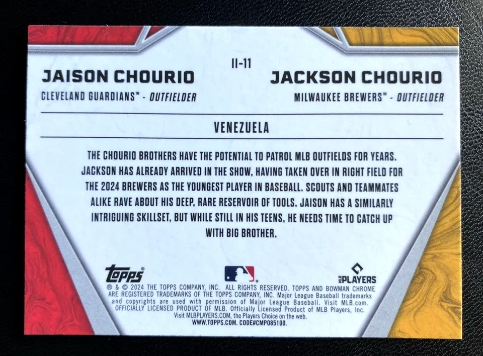 Topps Panini Card Tarjeta Cromo Barajita Jaison Chourio Jackson Chourio Bowman 2024 Chrome International Impact