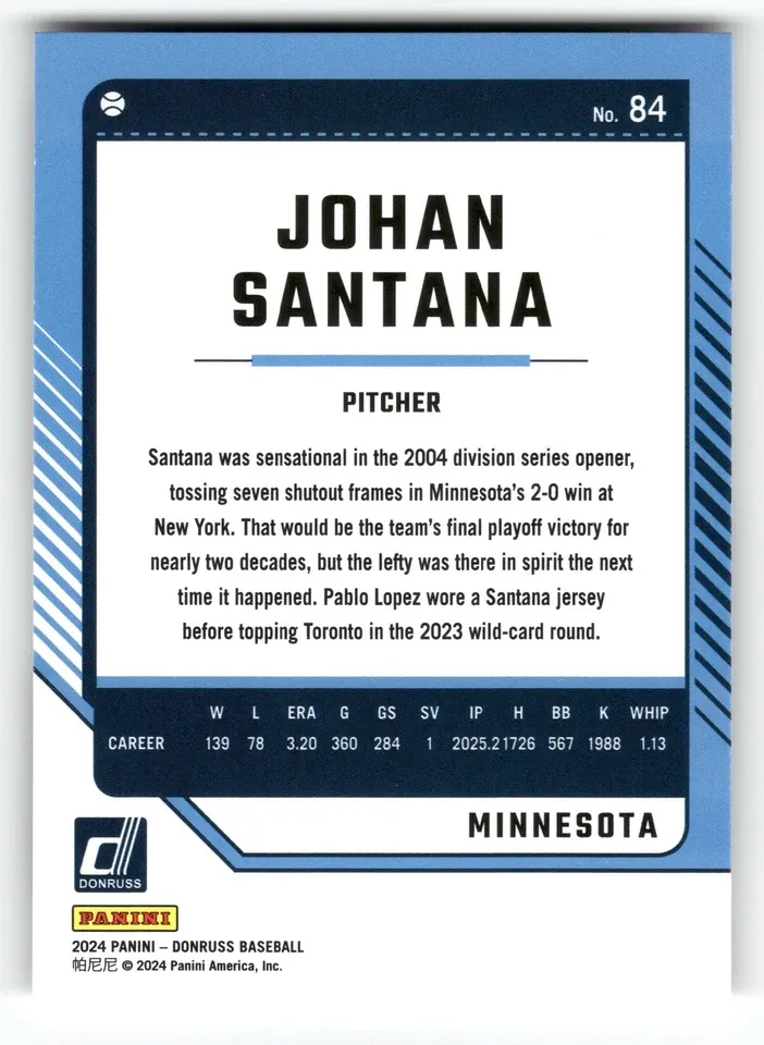 Topps Panini Card Tarjeta Cromo Barajita Johan Santana Panini 2024 Donruss Break